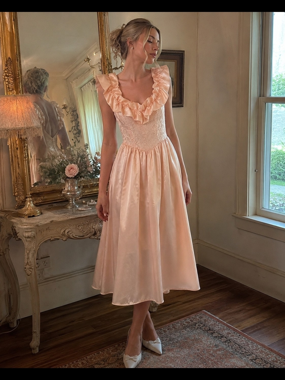 Vintage Glenrob Pink Satin Lace Ruffle Dress Cottagecore Gunne Sax Style Size 9